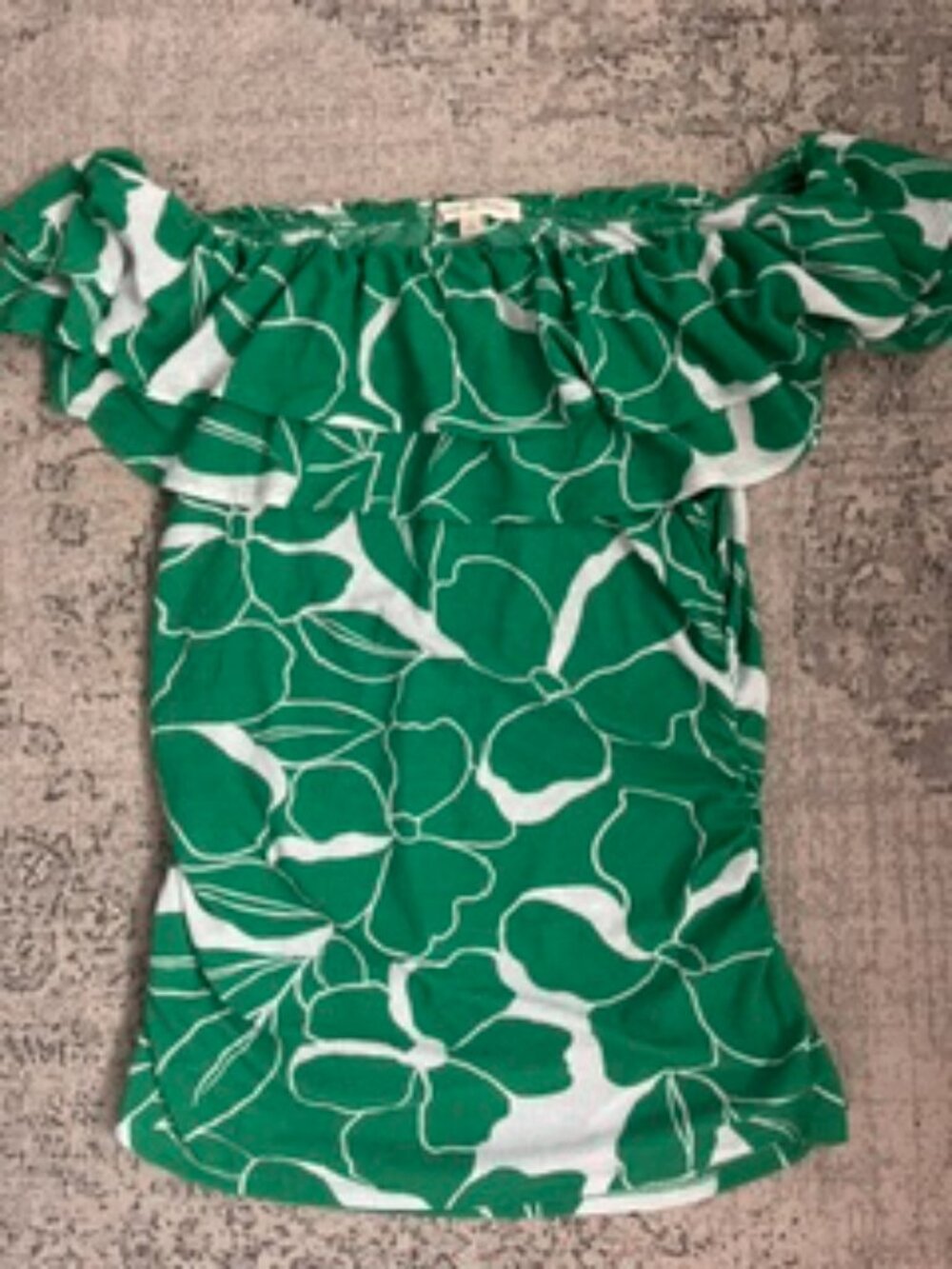 🧡3/$15 joie de vivre Green White Floral Ruffled Off the Shoulder Top L